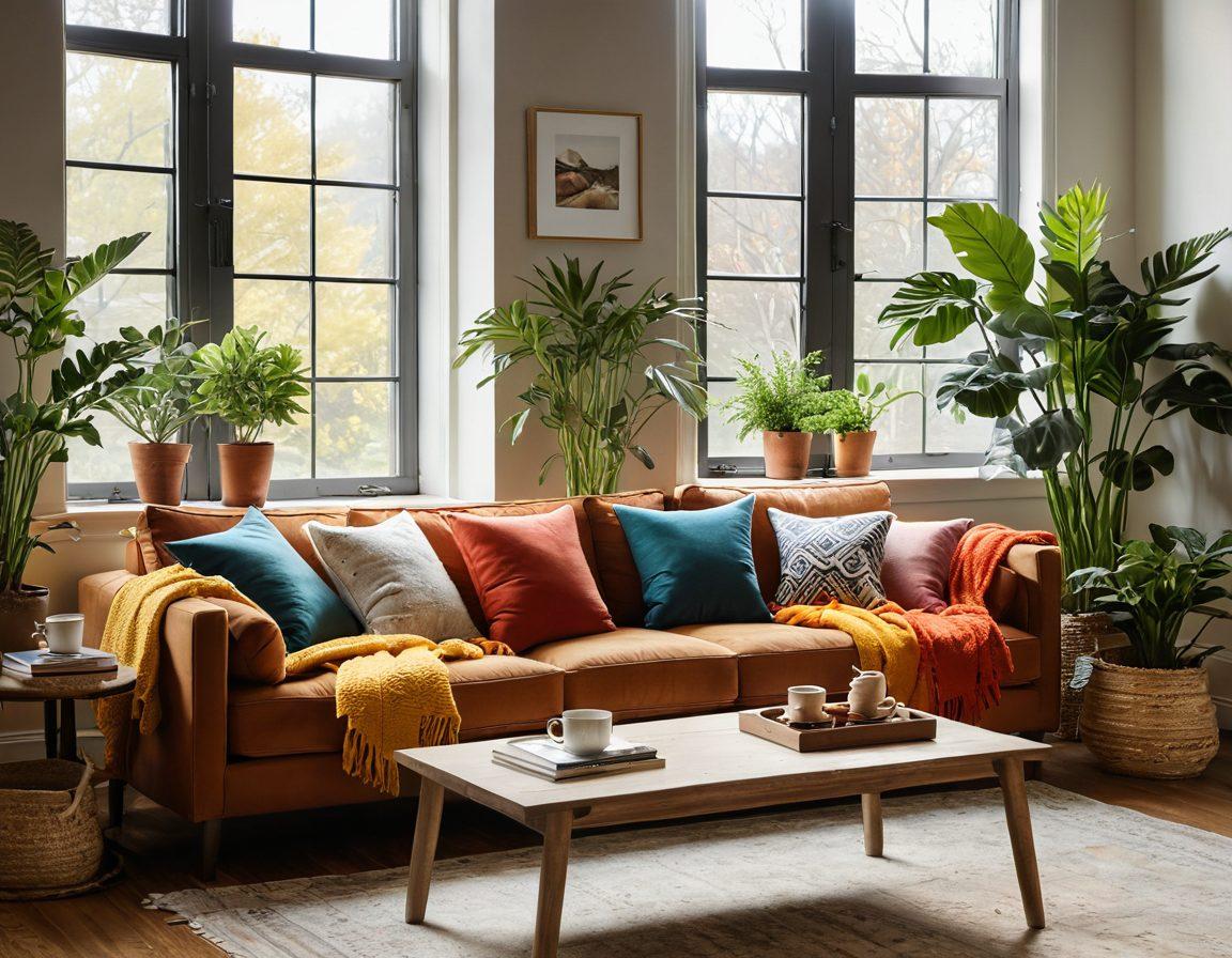 A warm and inviting living space featuring a soft, oversized couch adorned with vibrant throw pillows, a cozy blanket draped over the arm. Sunlight streams through large windows, illuminating a variety of indoor plants and colorful wall art. A coffee table is decorated with a steaming cup of tea and an open book, inviting relaxation and joy. The overall atmosphere conveys comfort and happiness. super-realistic. vibrant colors. warm tones.