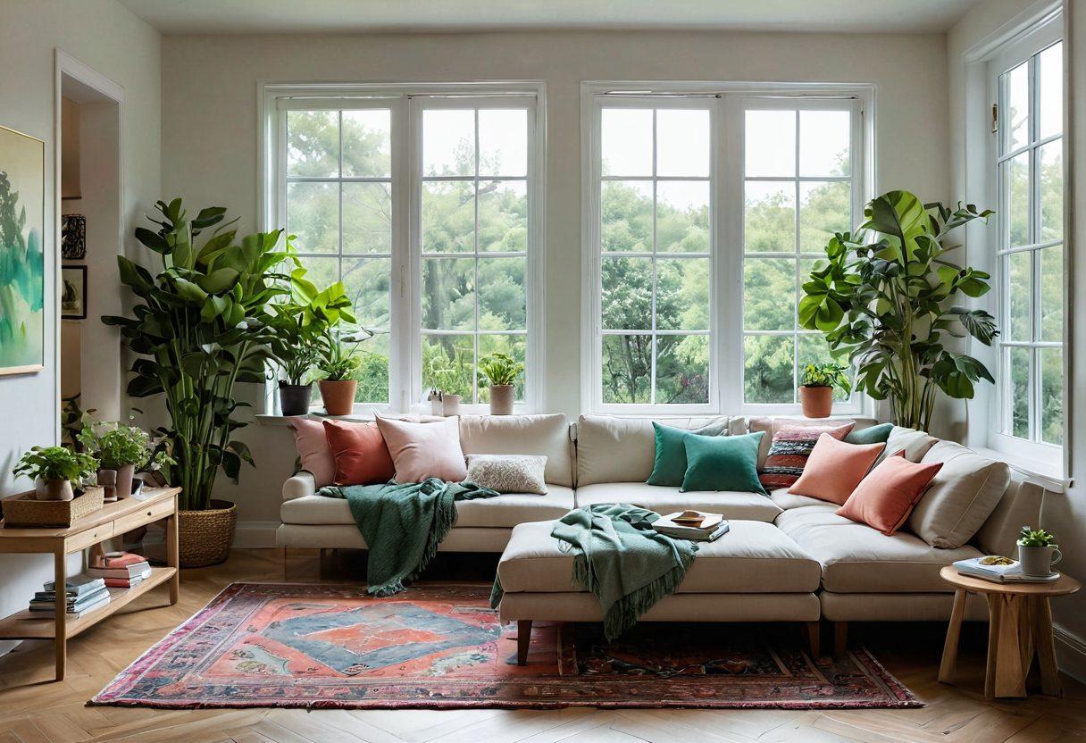 A serene home interior filled with natural light, adorned with lush green plants and soft pillows. A cozy reading nook by a large window, featuring a colorful rug and ambient lighting, exuding warmth and tranquility. Incorporate elements like a steaming cup of tea, a vibrant piece of art on the wall, and hints of cheerful decor such as pastel colors and nature-inspired motifs. Create a sense of inviting bliss and relaxation. super-realistic. vibrant colors. contemporary.