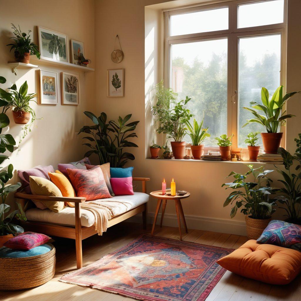 A cozy, sunlit room filled with vibrant plants, soft cushions, and colorful artwork, featuring a small meditation corner with candles and a comfy chair. Warm, inviting colors dominate the scene, and a large window lets in natural light, enhancing the cheerful atmosphere. There are personal touches like photos and books that evoke a sense of intimacy and joy. super-realistic. vibrant colors. 3D.